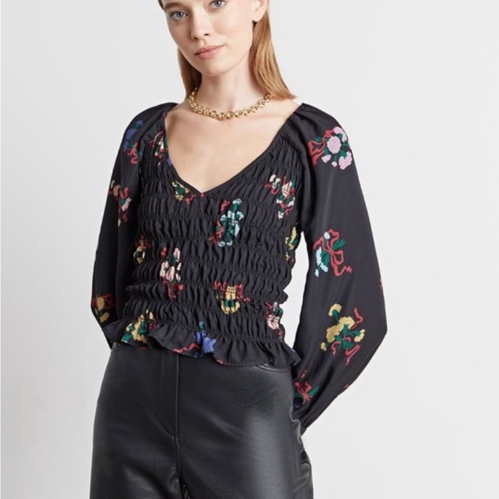 Who What Wear Black Floral Smocked Blouse